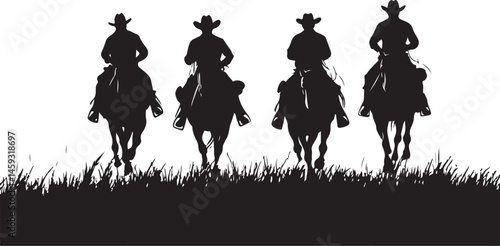 Silhouettes of Four Horse Riders on a Hill
