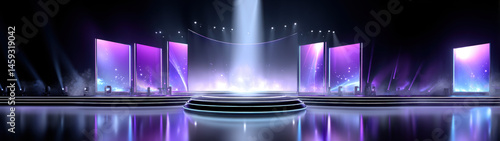 Vibrant stage setup featuring illuminated screens, dramatic lighting, and reflective floor creates engaging atmosphere for performances or events. colorful backdrop enhances visual appeal