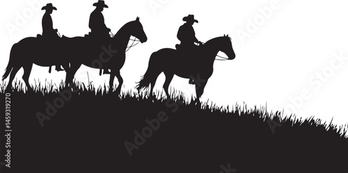Silhouettes of Four Horse Riders on a Hill