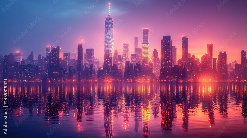 Fototapeta premium Pink and Purple City Skyline Reflection at Sunset