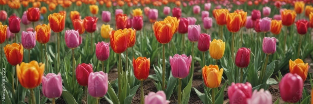 Fototapeta premium Vibrant spring tulips in a neat row, colorful blooms , dutch, flora