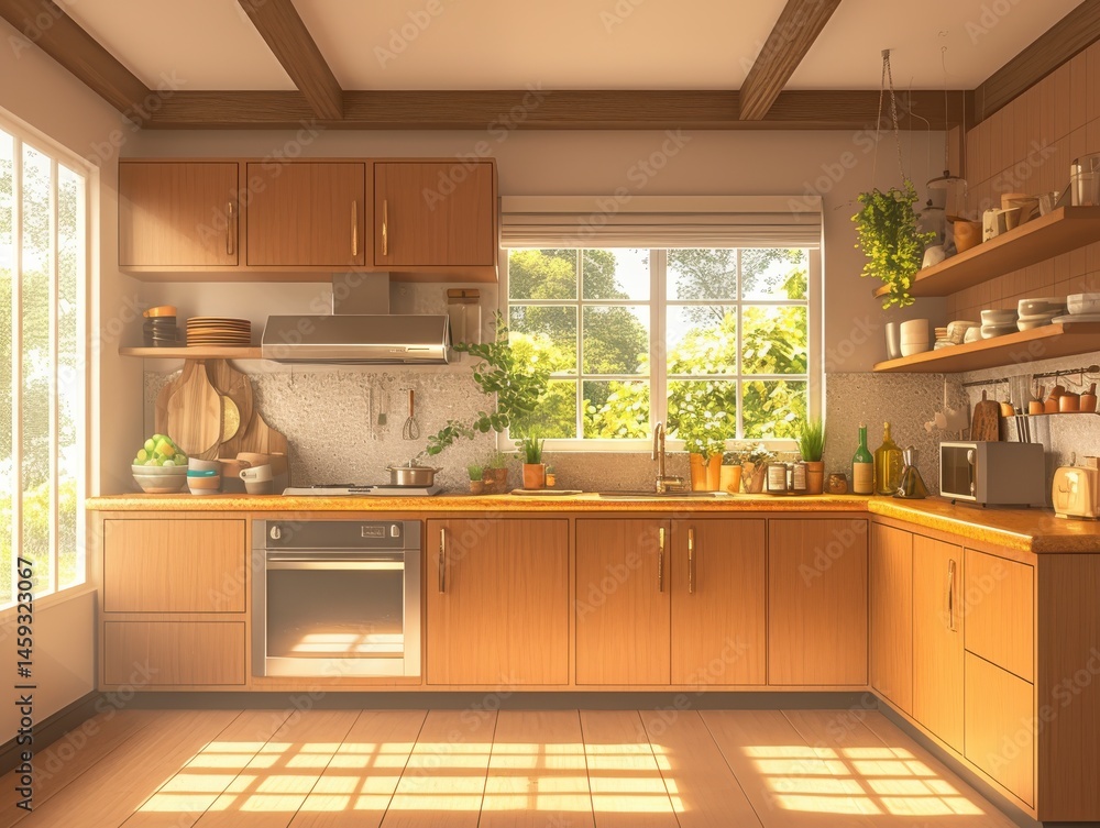 Fototapeta premium Sunlit Modern Kitchen Interior with Light Wood Cabinets and Stone Backsplash