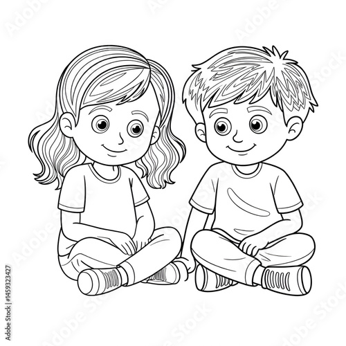 ‎A black and white A girl and a boy are sitting. illustration line art of a coloring page