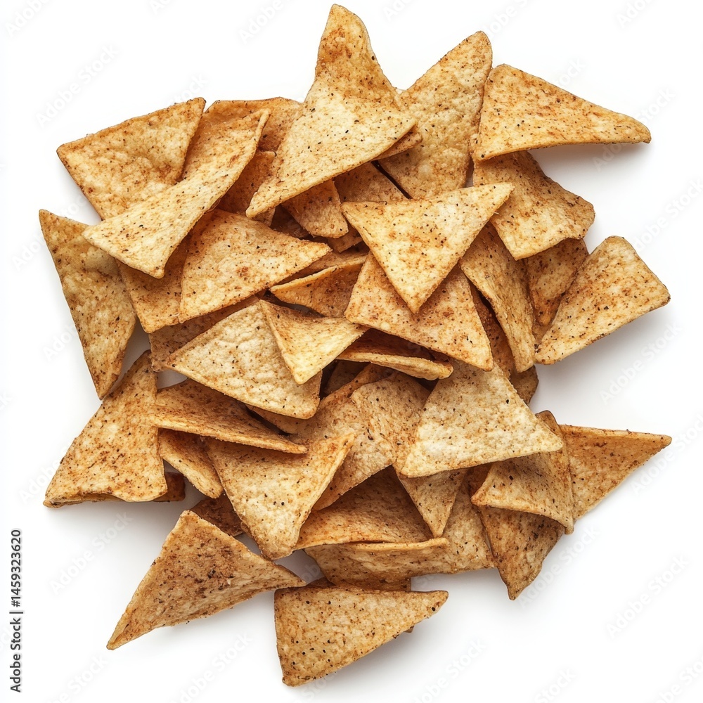 Pile of triangle-shaped tortilla chips. A heap of crispy, seasoned snacks Pile of triangle-shaped tortilla chips. A heap of crispy, seasoned snacks