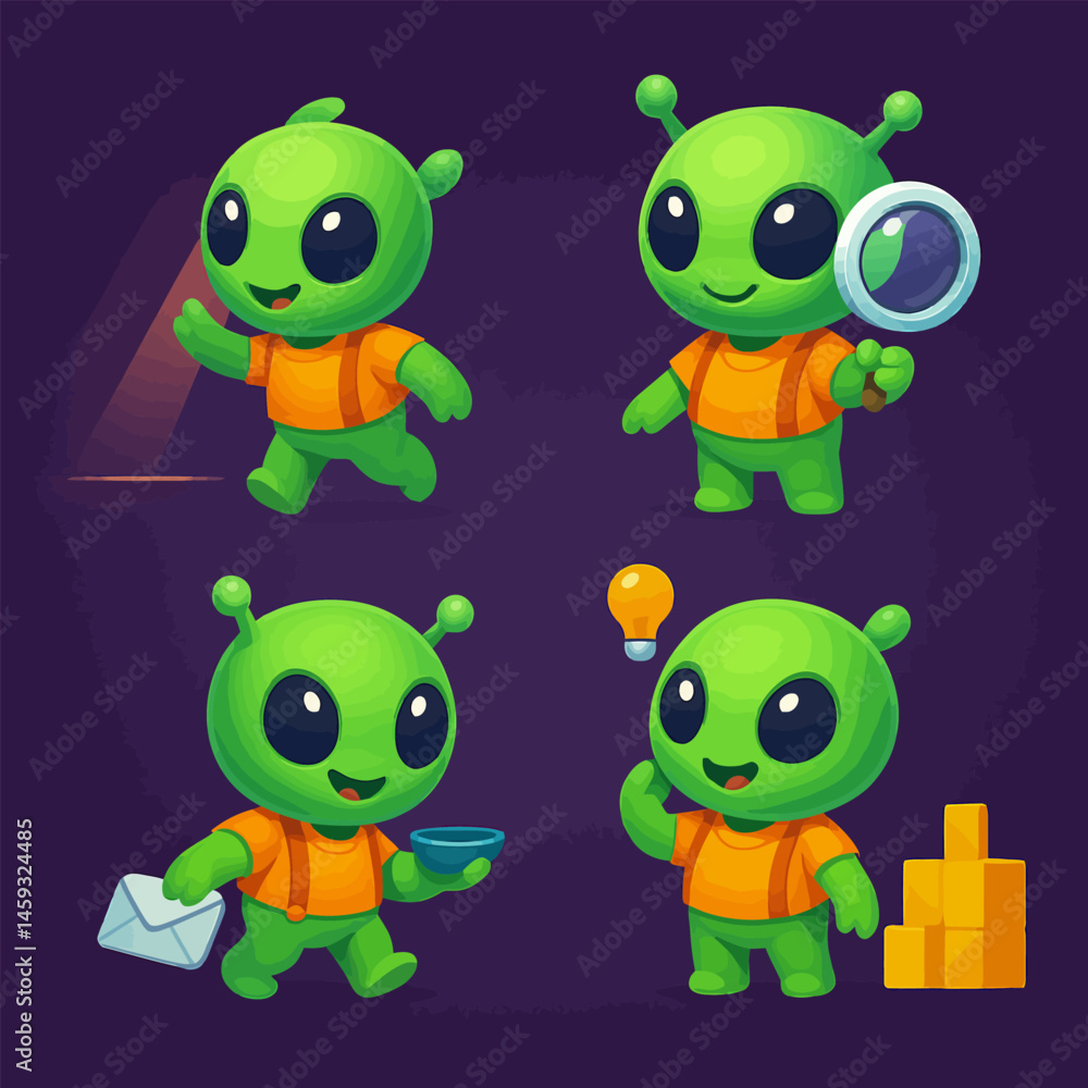 Fototapeta premium Cute Cartoon Alien Character Poses Doing Activities on Dark Background