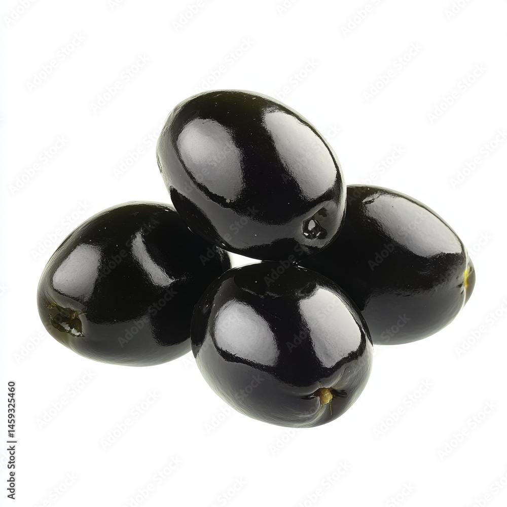 Close-up of three glossy black olives, stacked, isolated on white background Close-up of three glossy black olives, stacked, isolated on white background