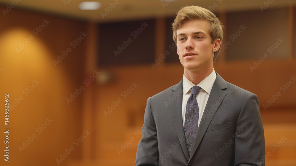 Fototapeta premium This lawyer confidently speaks at a podium in a well-lit conference room while engaging the audience.