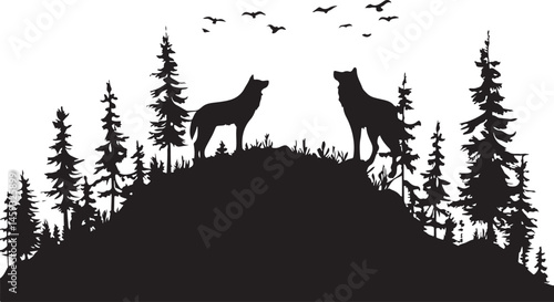  Silhouette of Four Wolves on a Hill with Surrounding Trees