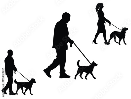 silhouette of people walking with purebred dogs