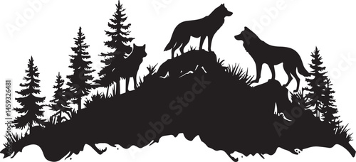  Silhouette of Four Wolves on a Hill with Surrounding Trees