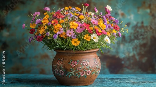 Wallpaper Mural Mixed wildflowers in a classic brown Chinese ginger jar with floral patterns, resting on a vintage teal-blue surface. Rustic and harmonious. Torontodigital.ca