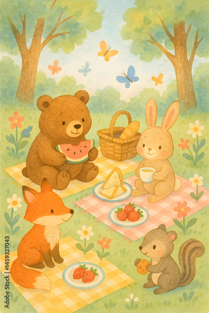 Naklejka premium Watercolor illustration of adorable bear, bunny, fox, and squirrel sharing picnic treats in pastel forest scene