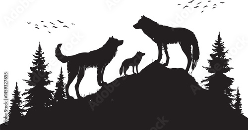  Silhouette of Four Wolves on a Hill with Surrounding Trees