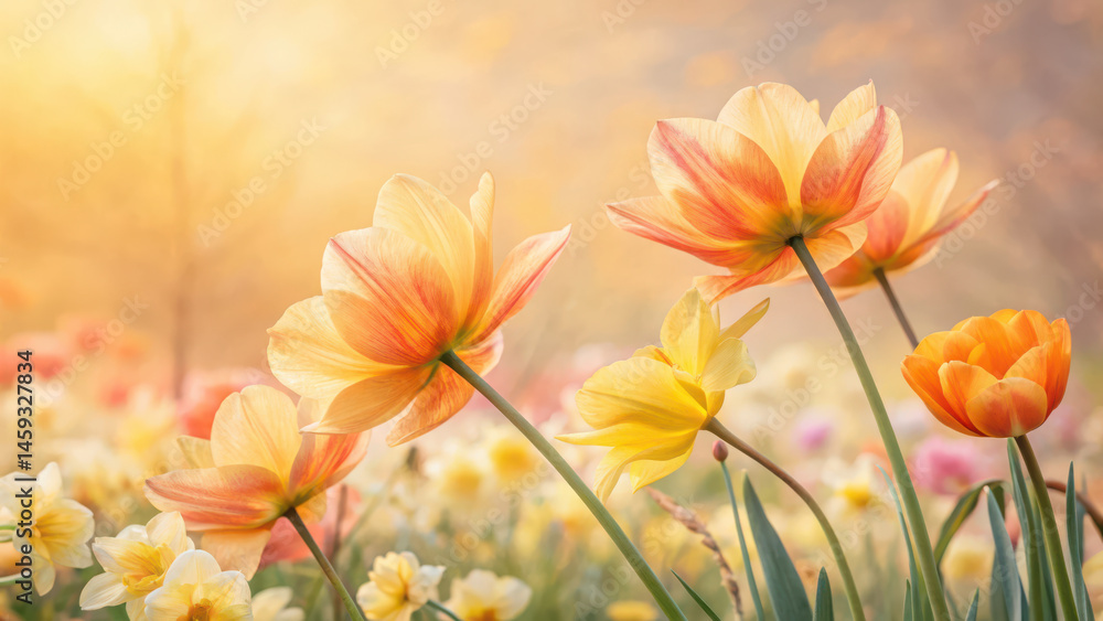 Naklejka premium Beautiful flowers bloom in vibrant garden, showcasing colors of yellow, orange, and pink