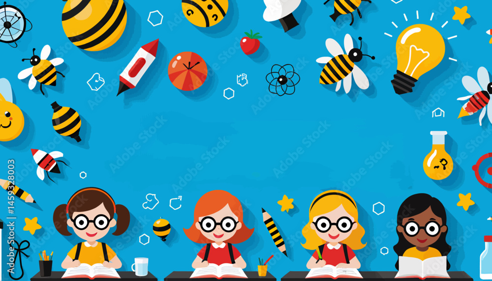 Naklejka premium Cute Students Studying_Back to School Education_Cartoon Character Illustration_Bees Rockets and Learning_Educational Background Image