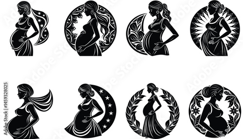 vector illustration of a set of pregnant mother silhouettes isolated on white background. Mother's Day.
