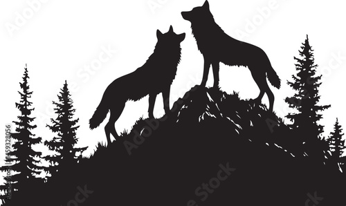 Silhouette of Four Wolves on a Hill with Surrounding Trees