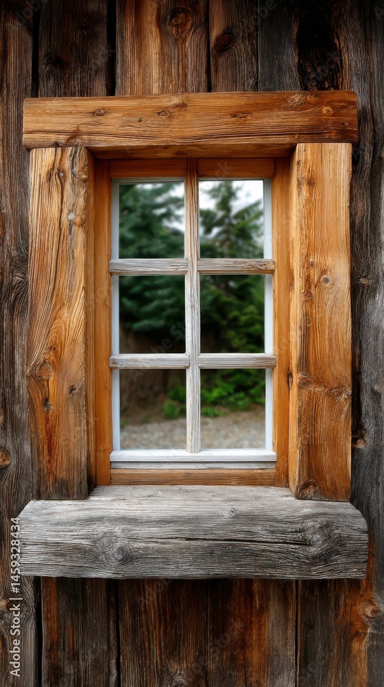 Rustic wooden window frame reflecting trees in glass exterior view rural architecture Rustic wooden window frame reflecting trees in glass exterior view rural architecture