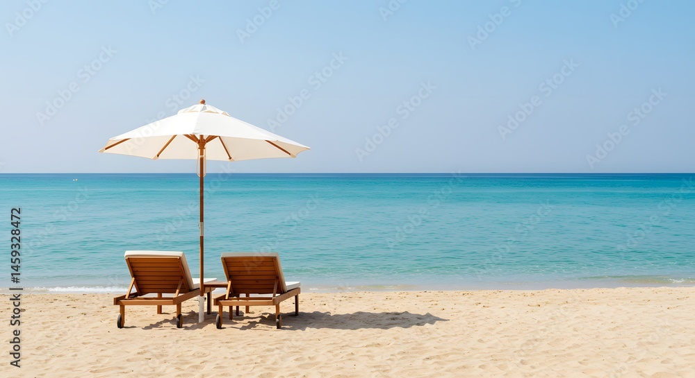 Fototapeta premium Tropical Beach with Sun Loungers and Umbrella – Vacation Concept