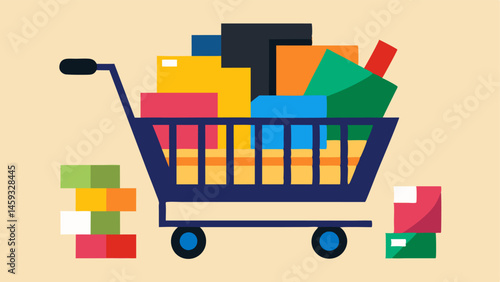 Shopping Cart Overflow A shopping cart filled to the brim with various colorful packages and merchandise depicting the excitement of Black Friday bargains.