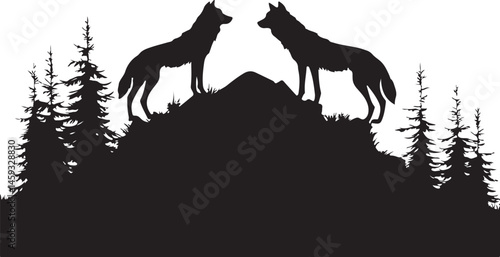  Silhouette of Four Wolves on a Hill with Surrounding Trees