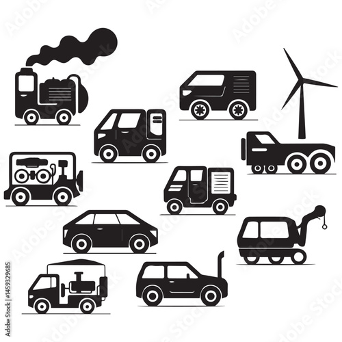 silhouette of generator vehicle vector set, illustration on a Vector Black silhouettes.