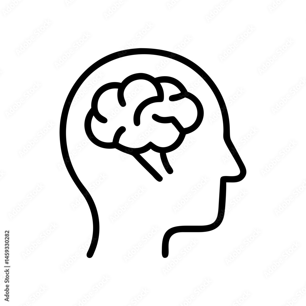 Human Head Outline with Brain Icon Illustration Human Head Outline with Brain Icon Illustration