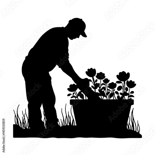 Gardener tending flowers in a pot, gardening concept