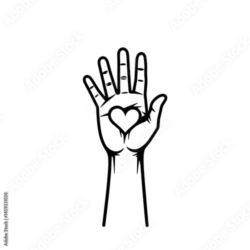 Hand gesture with heart symbol, line art for human rights concept 