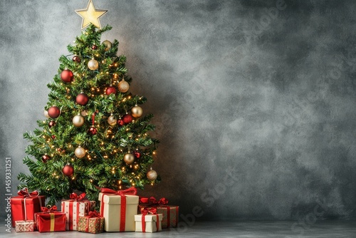 high detail visual of decorated christmas tree with gifts on grey wall background