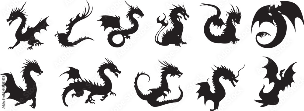 Twelve Silhouettes of Dragons in Various Poses Twelve Silhouettes of Dragons in Various Poses