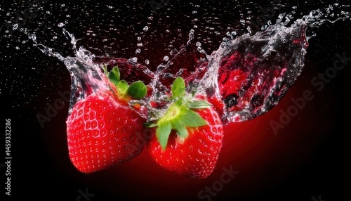 Two fresh strawberries splash into clear water, creating dynamic droplets against a dark background.