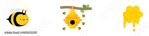 Bee on honeycomb icon set. Flying bee route. Honeybee animal in flat style. Flow honey with bumblebee. Natural food. Vector illustration. EPS 10