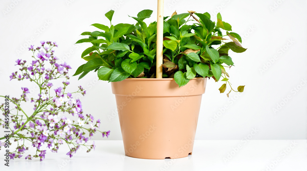 Fototapeta premium vibrant green potted plant with purple flowers