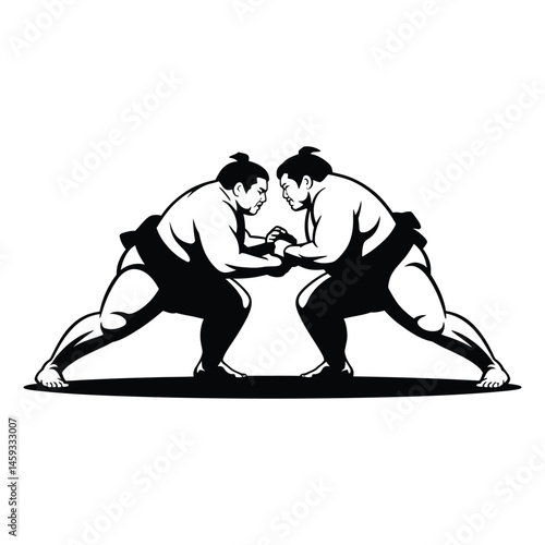 Sumo wrestling tachi-ai Silhouette, Vector, Illustration, Icon, Logo, White Background.