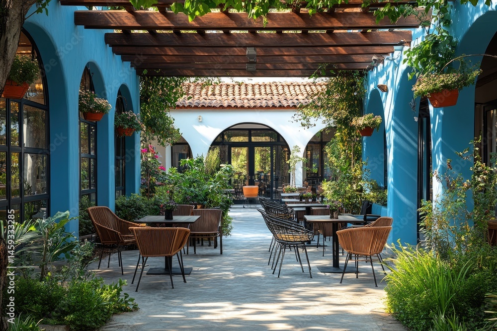 Obraz premium Courtyard cafe, Mediterranean patio, outdoor seating, sunny day, resort background