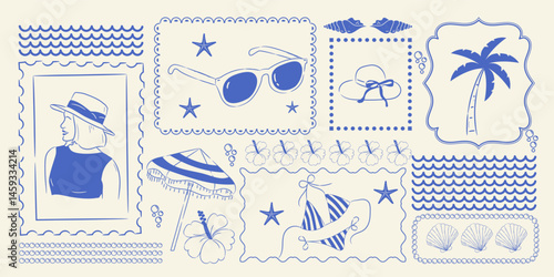 Vintage summer set of doodle hand drawn objects. Vintage summer symbols. Vacations, tourism, logo, frame
