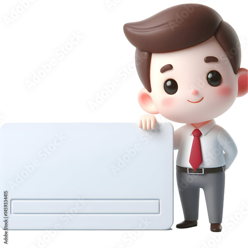 Cute white man 3d holding blank card isolated on white background