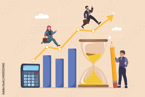 Concept of Financial Success and Planning with Charts, Calculator, Hourglass, and Individuals on an Increasing Arrow.