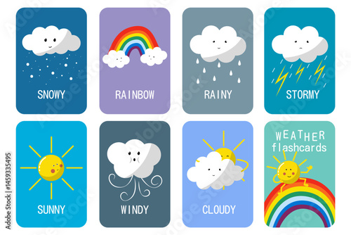 weather flashcards collection. Sunny, rainy, windy, snowy, rainbow, cloudy, stormy. Flash cards set with funny sun and cloud characters. Vector illustration