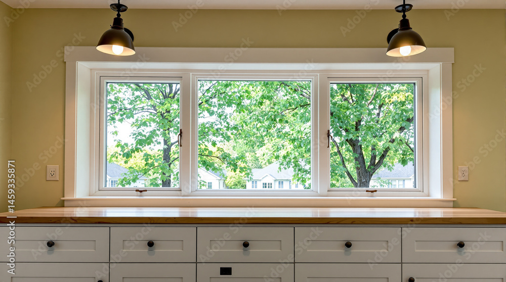 Fototapeta premium bright kitchen with white cabinets and window view of green trees