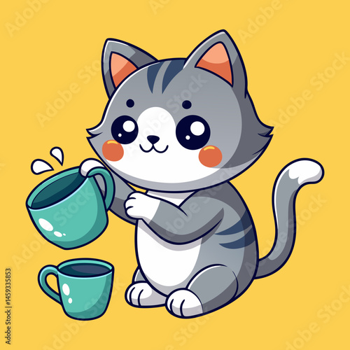 Download Cute Cat Pouring Tea Cartoon Vector Icon Illustration. Eps File For Design.