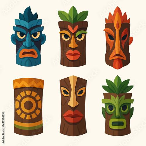 Collection of Graphic Wood Carved Masks with Varied Facial Expressions
