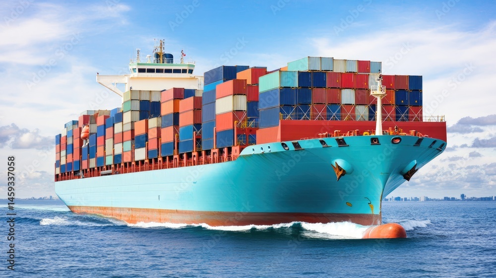 Fototapeta premium Cargo ship navigating open seas under a clear blue sky, symbolizing international marine transport