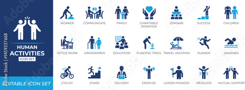Human activities icon set featuring exercise, strike, peace, violence, equality, success, solidarity, work, hobbies, and universal activity symbols for apps and infographics.