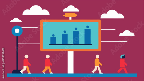Dynamic Ad Inventory A scene that depicts a digital billboard changing ads based on passing pedestrians digital profiles symbolized by data bubbles.
