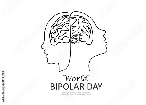 Brain of a person with opposite emotions. Bipolar disorder symbol. World Bipolar Day. Vector illustration. Editable stroke.