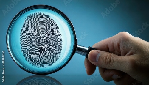 A magnifying glass held over a fingerprint, highlighting details for identification and forensic analysis.