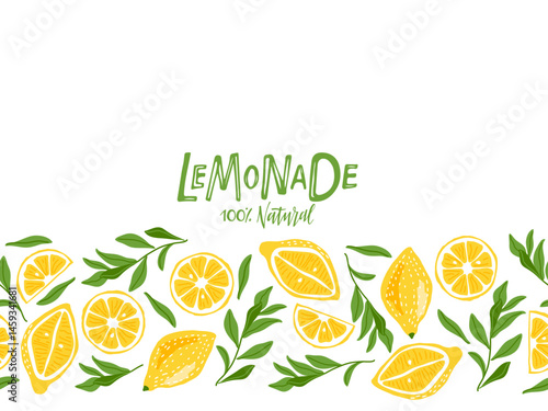 Seamless Lemonade border. Fruits with leaf hand drawn sketch isolated. Whole fruit and cut half. Vector illustration for menu, juice label, advertisement. Seamless Home made Lemonade background.