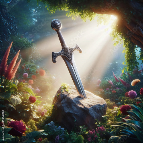 Excalibur, sword stuck in stone in fantasy forest illustration